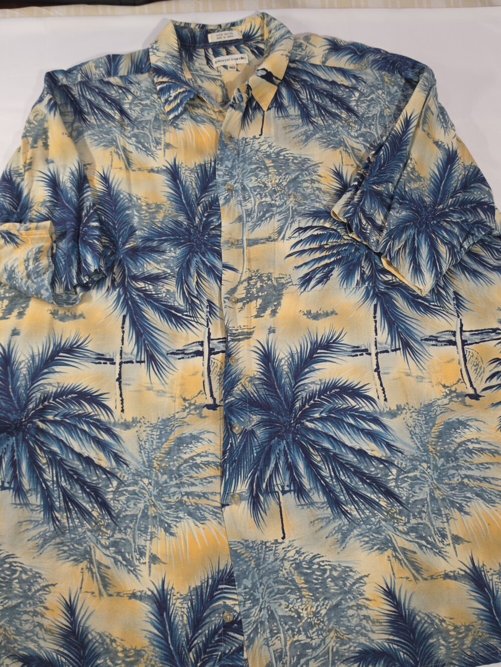 Pierre Cardin Shirt Mens 3XLT Blue Yellow Hawaiian Tall Aloha Rayon Button Up